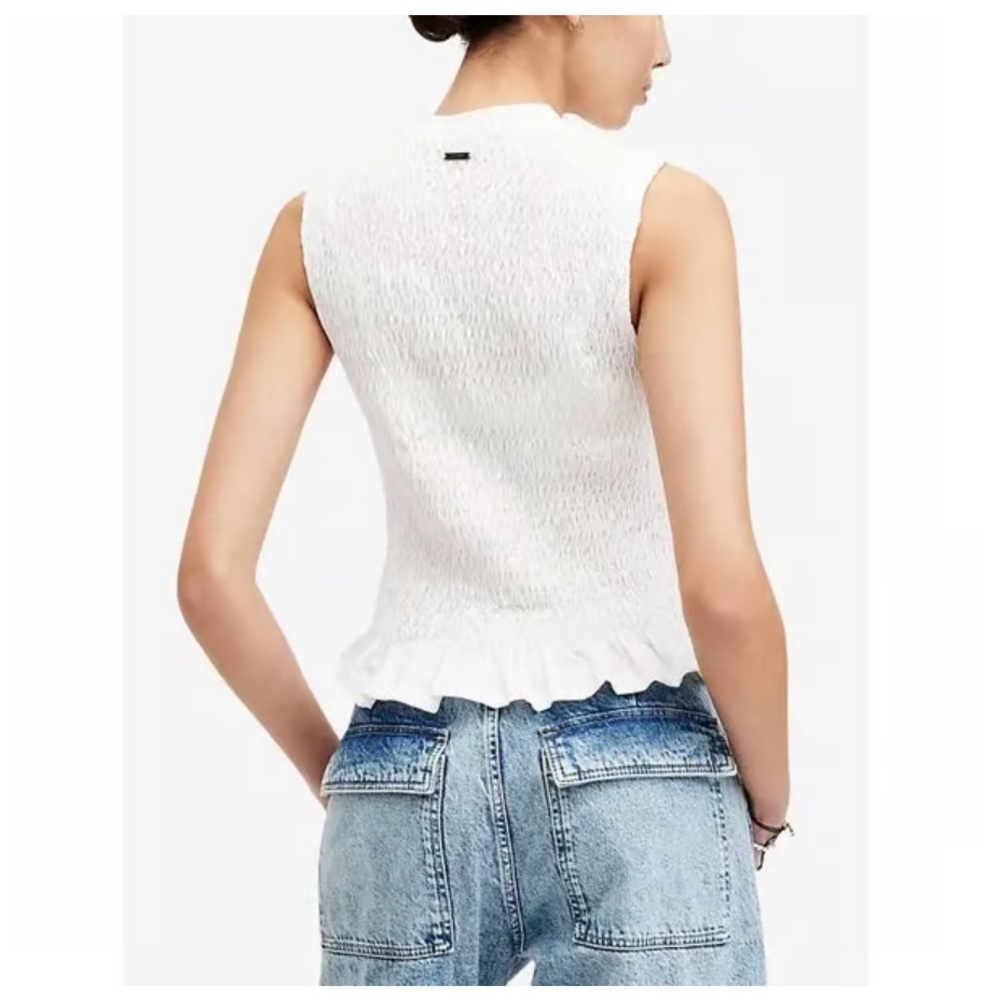 New With Tags All Saints White Smocked Ruffle Hem Top Size 10 - Picture 2 of 7